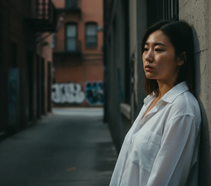 20대 한국 여성이 피곤해 보이는 옆에, 에너지 고갈과 활성산소를 상징하는 빛과 그림자가 대비된 모습