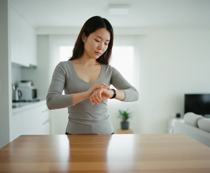 20대 한국 여성이 시계를 보며 식사 시간을 지키는 모습, 깨끗하게 비워진 식탁