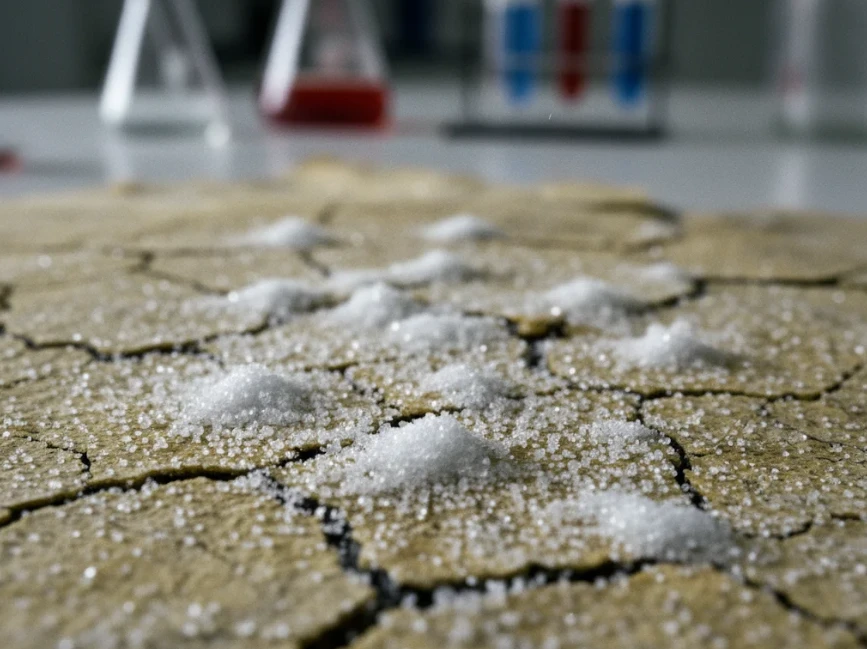 설탕과 정제 탄수화물 주변에 혈당 스파이크와 당독소로 인한 피부 노화를 상징하는 추상적인 시각 요소