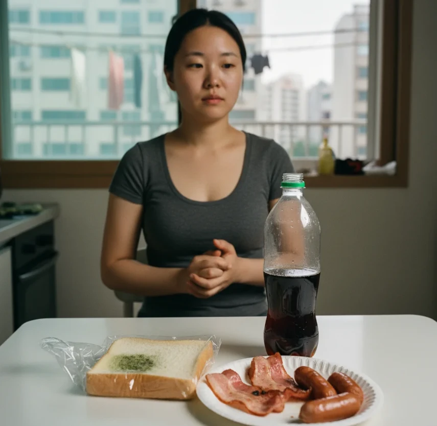 가공육, 흰 빵, 탄산음료 등 노화를 가속하는 가공식품들이 모여있는 모습