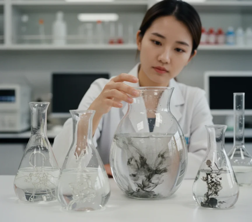 손상된 세포의 분해 및 재활용 과정을 은유하는 추상적인 물체를 관찰하는 모습