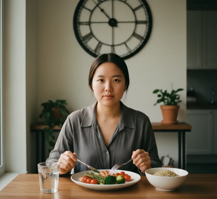 한국 여성이 16:8 간헐적 단식 루틴에 맞춰 건강한 식사를 하는 모습