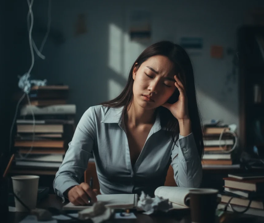 여성이 만성 스트레스로 인해 심리적, 육체적 압박감을 느끼는 모습