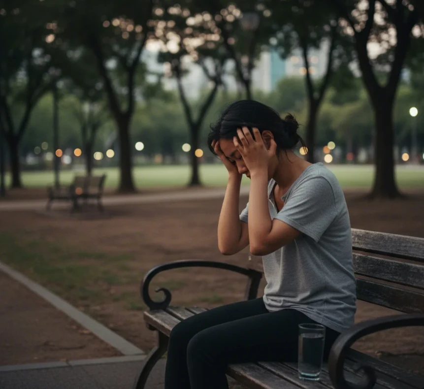 만성 피로를 느끼는 한국 여성이 이마를 짚고 있는 어둡고 영화 같은 사진