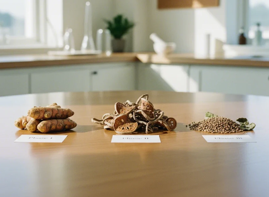 간 해독 3단계를 상징하는 3개의 라벨과 함께 다양한 천연 재료가 배열된 클로즈업 사진