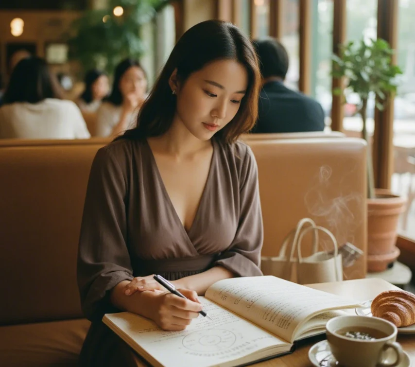 한 여성이 간 해독 3단계 성분을 비교하는 표를 보며 메모하는 모습의 사진