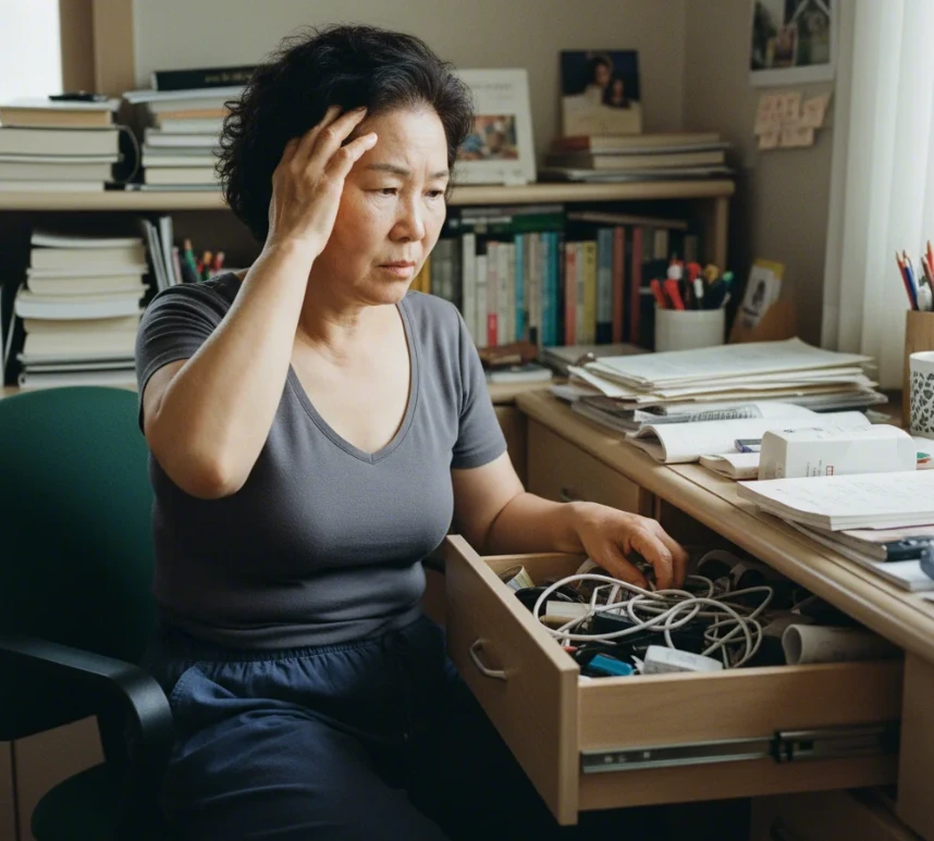 집 안에서 물건을 찾으며 혼란스러워하는 60대 한국 여성, 노년기 ADHD의 주의력 결핍 증상을 상징