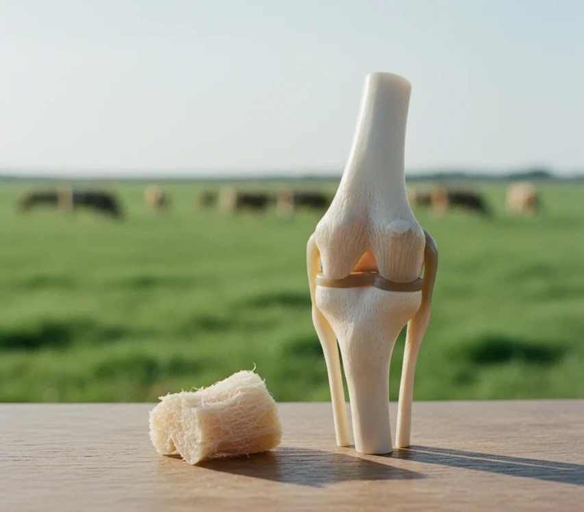 푸른 초원에서 방목된 소의 연골과 인체 연골 구조가 조화롭게 결합된 모습을 상징하는 이미지, 콘드로이친 원료 기원의 중요성 강조