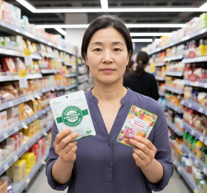 '건강기능식품' 마크가 선명하게 인쇄된 영양제 포장과 마크가 없는 일반 캔디류 포장을 비교하는 40대 한국 여성의 손, 법적 분류의 중요성 상징