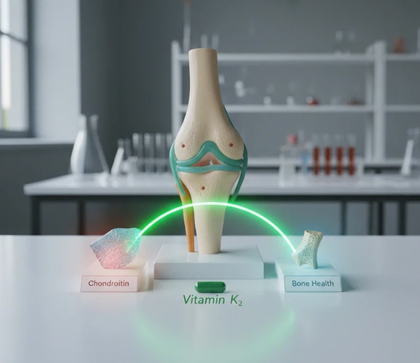연골 모형과 뼈 모형을 안정적으로 연결하는 비타민 K2를 상징하는 시각적 요소, 통합 관절 건강 솔루션 강조