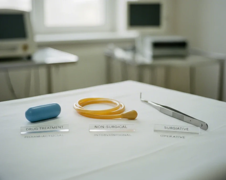 세 가지 치료 옵션을 상징하는 세 개의 컬러풀한 버튼 또는 블록이 놓인 깨끗한 의료용 테이블