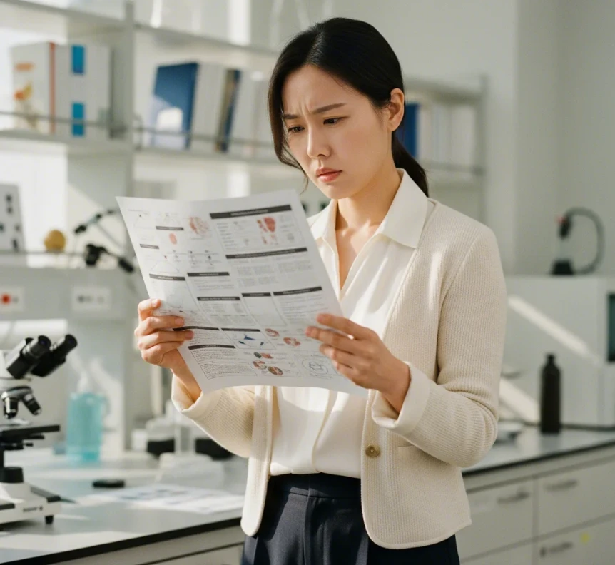 의료 문헌이나 복잡한 치료 다이어그램을 집중해서 자세히 들여다보는 한국 여성의 모습