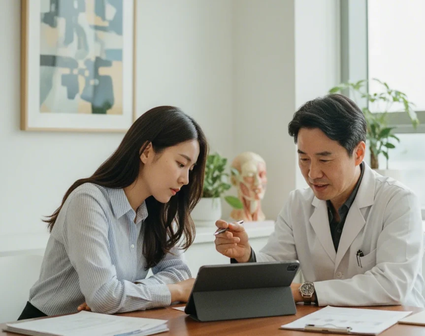 의사와 한국인 여성이 마주 앉아 치료 경로에 대해 진지하게 대화하고 있는 모습