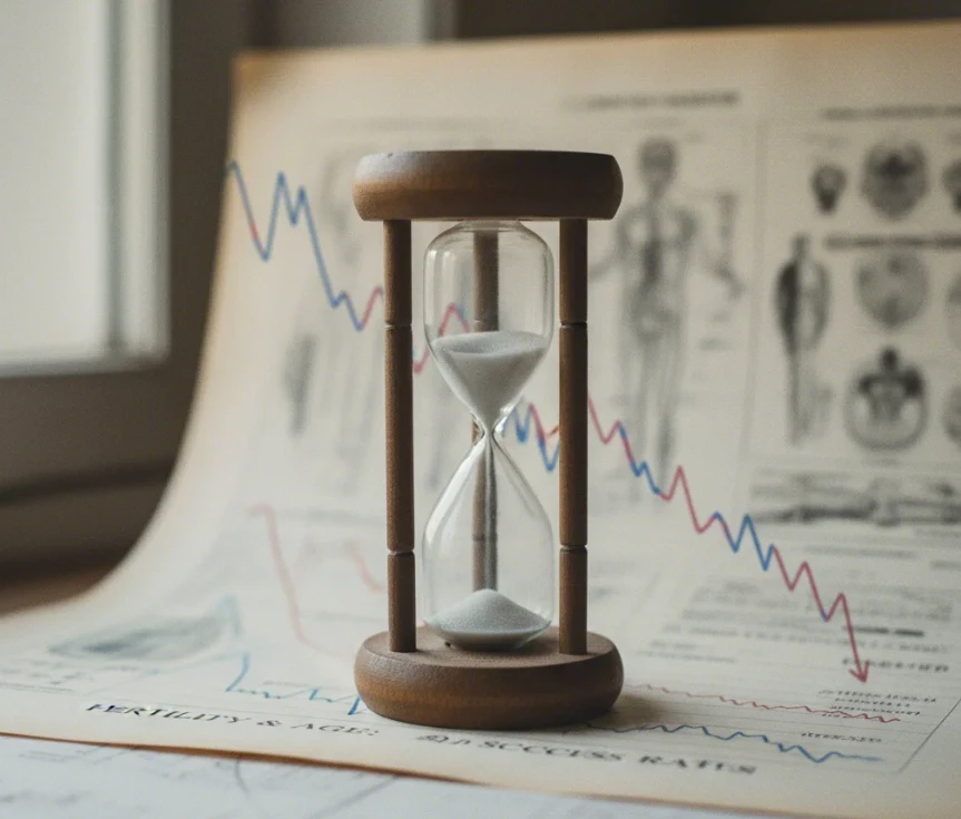 시간이 거의 다 흐른 모래시계와 하락하는 그래프를 배경으로 한 의료 관련 이미지