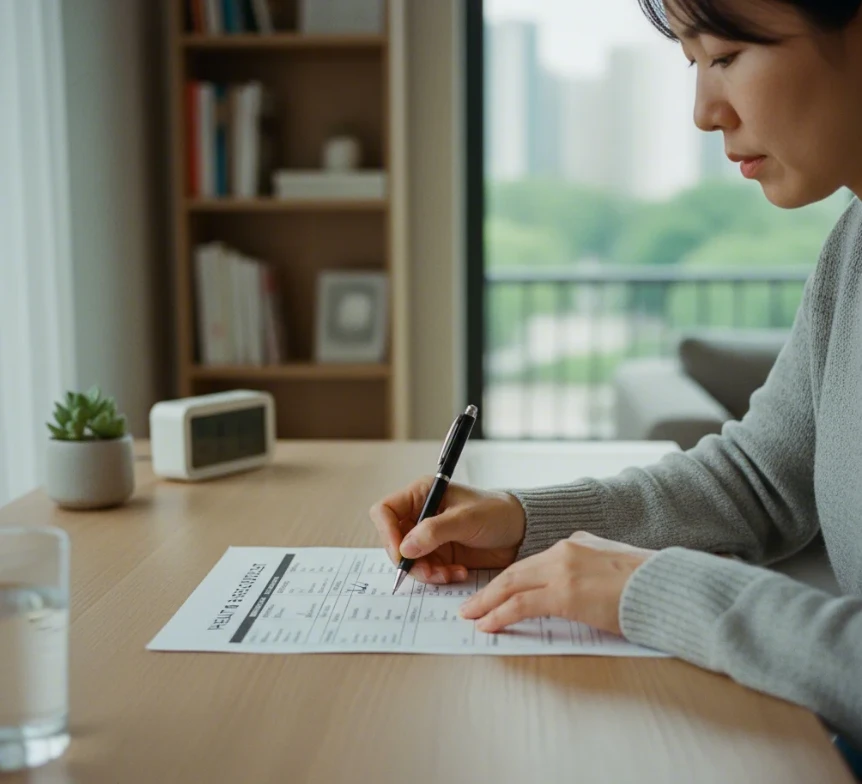 펜을 들고 치료 전후 관리 체크리스트를 꼼꼼히 확인하고 있는 한국 여성의 손