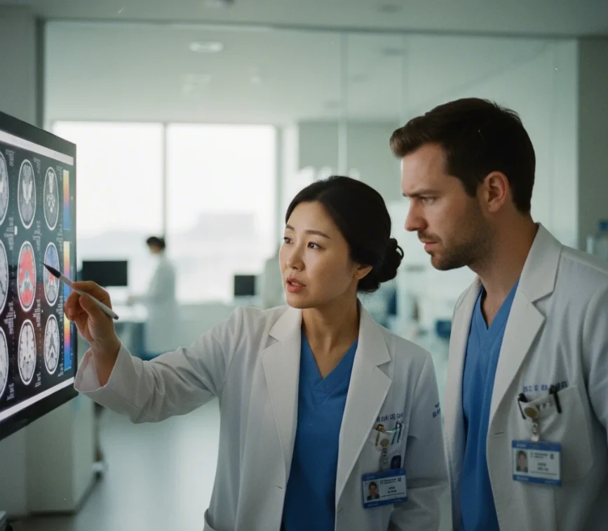 숙련된 두 명의 의료진이 협력하여 치료 계획을 논의하는 전문적인 모습