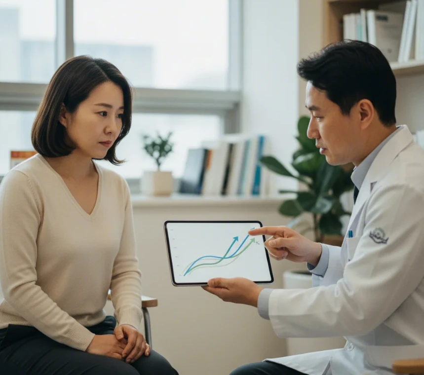 의사로부터 자궁보존치료 후 임신 성공률 통계를 설명 듣는 한국 여성의 모습