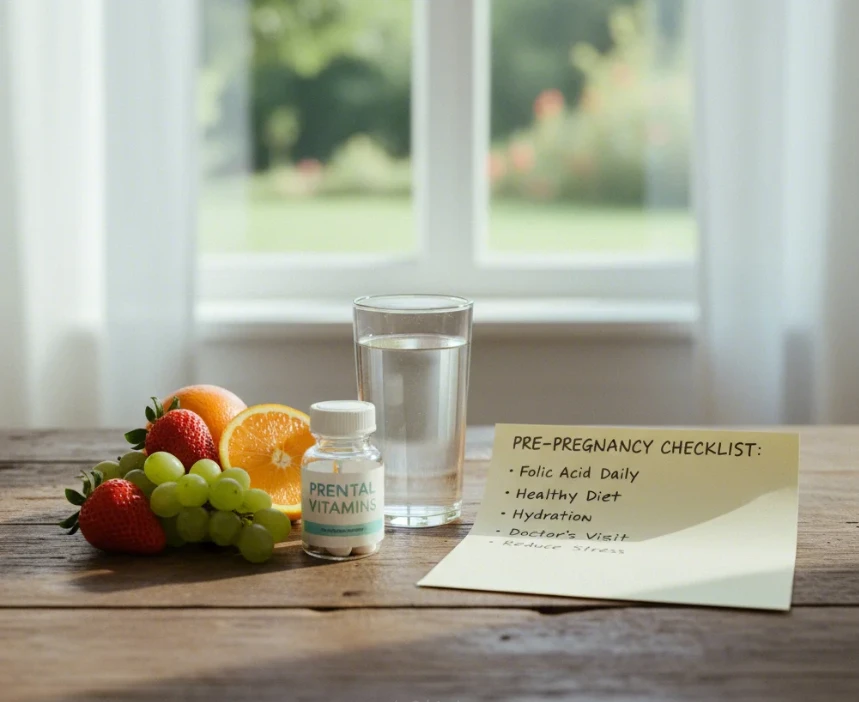 엽산 통, 건강한 음식, 물병 옆에 놓인 임신 준비 체크리스트