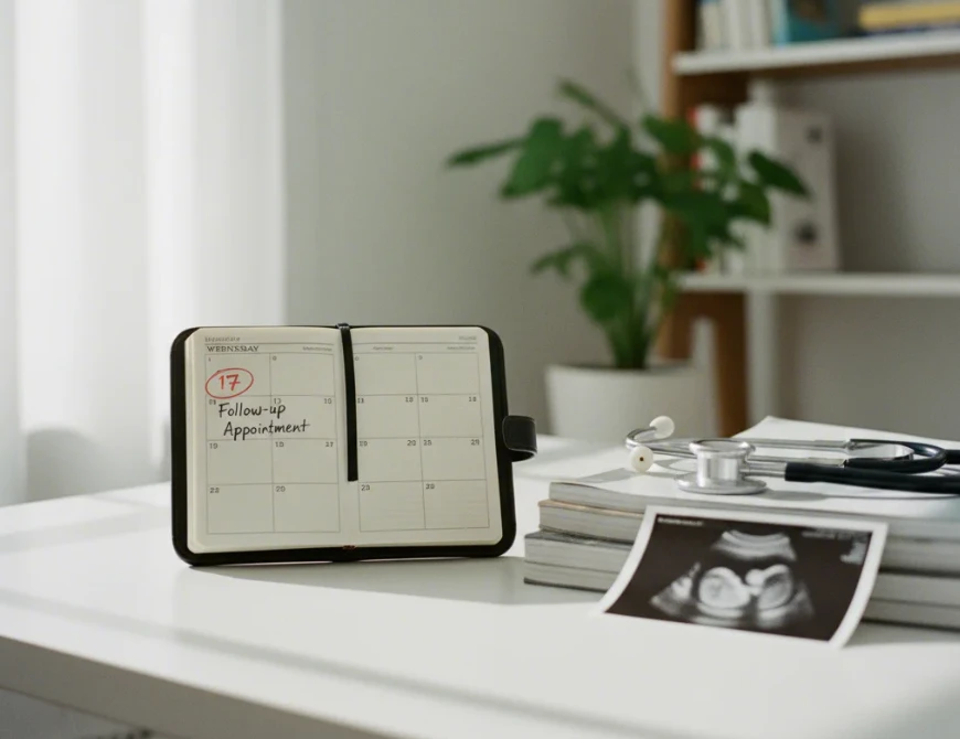 추적검사 일정이 표시된 캘린더와 의료 도구가 놓인 모습