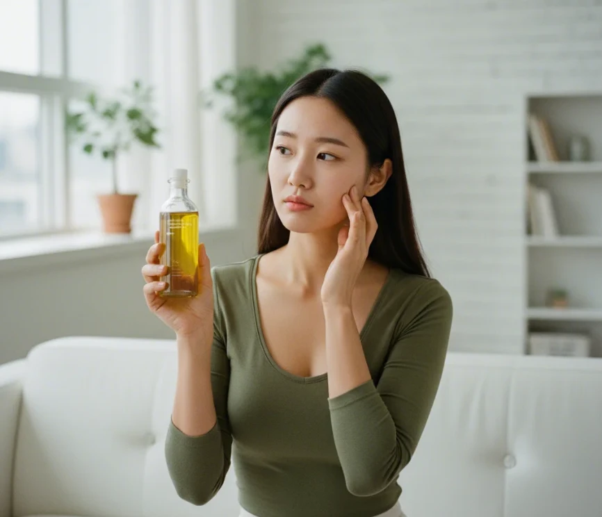 20대 한국 여성이 얼굴을 감싸고 올리브 오일 병을 바라보는 와이드 샷