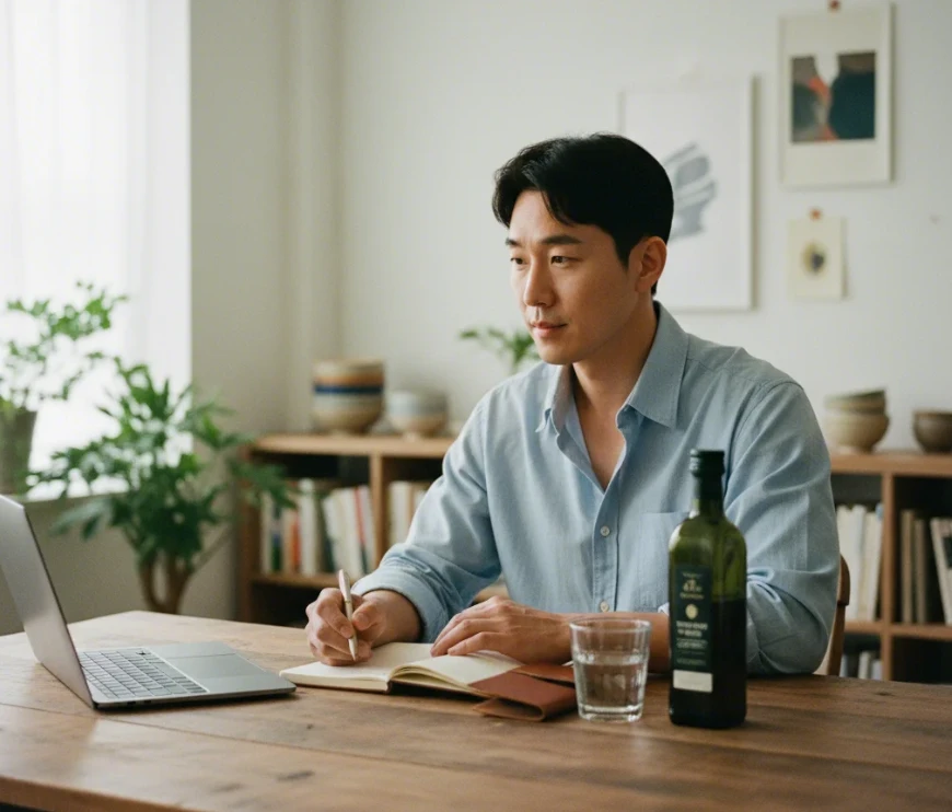 30대 한국 남성이 책상에서 올리브 오일 병 옆에서 작업하는 모습