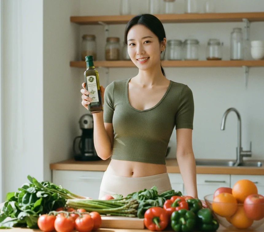 주방에서 올리브 오일 병을 들고 웃는 20대 초반의 날씬한 한국 여성