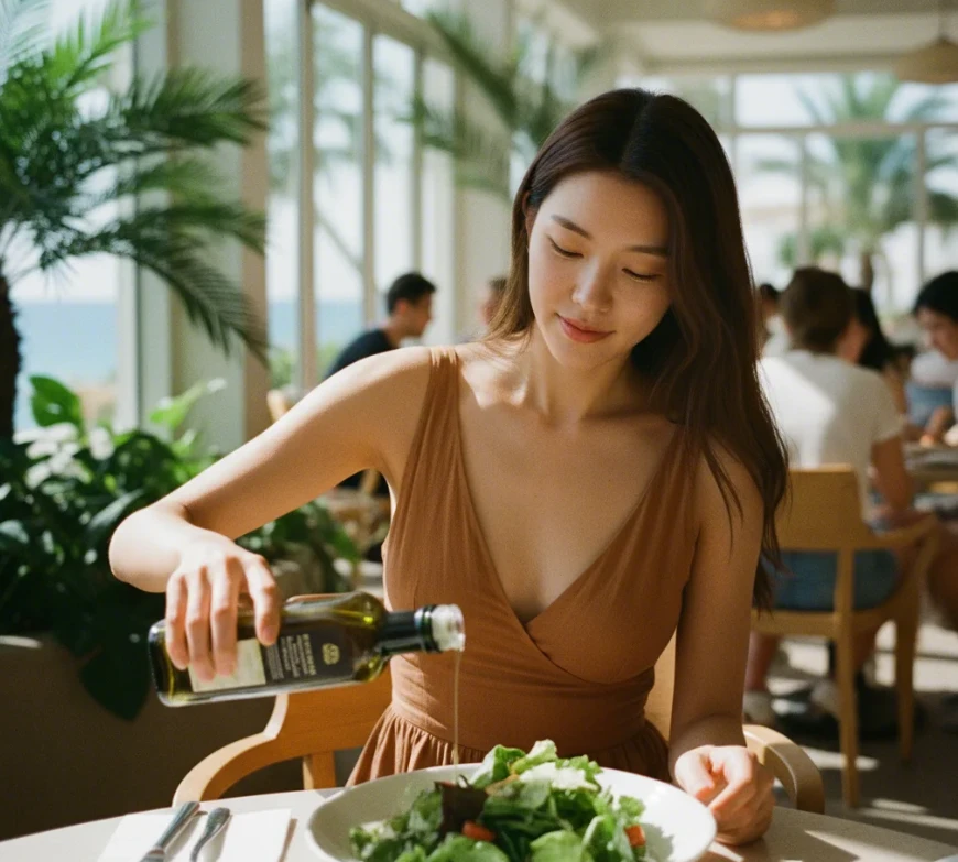 휴양지 리조트에서 샐러드에 올리브 오일을 뿌리는 날씬한 한국 여성