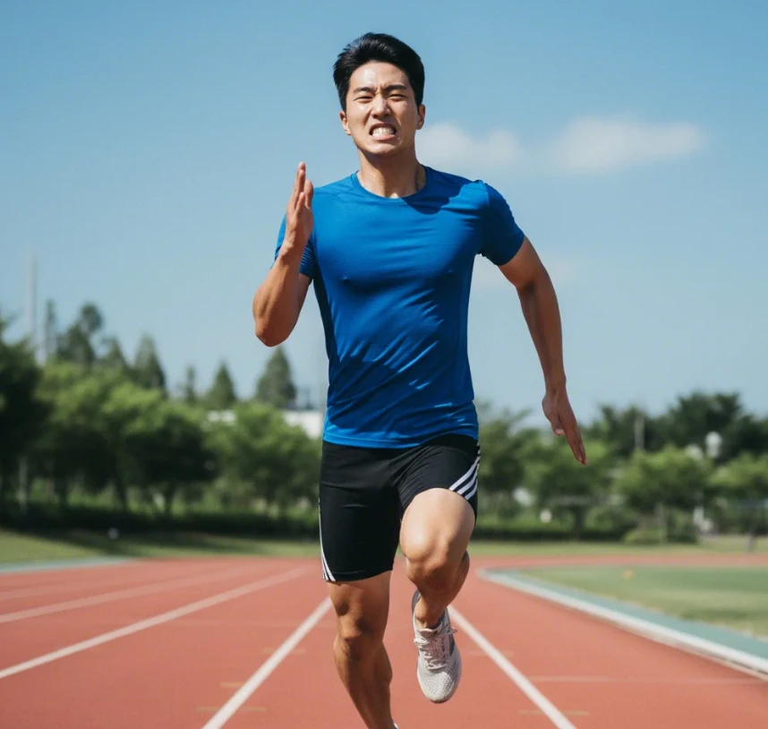 햇볕 아래 러닝 트랙에서 전력 질주하는 20대 한국 남성