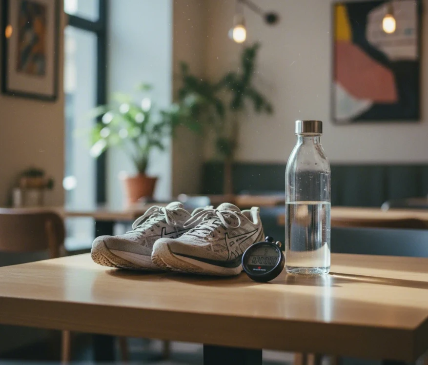 러닝화, 스톱워치, 물병이 테이블 위에 체계적으로 놓인 모습