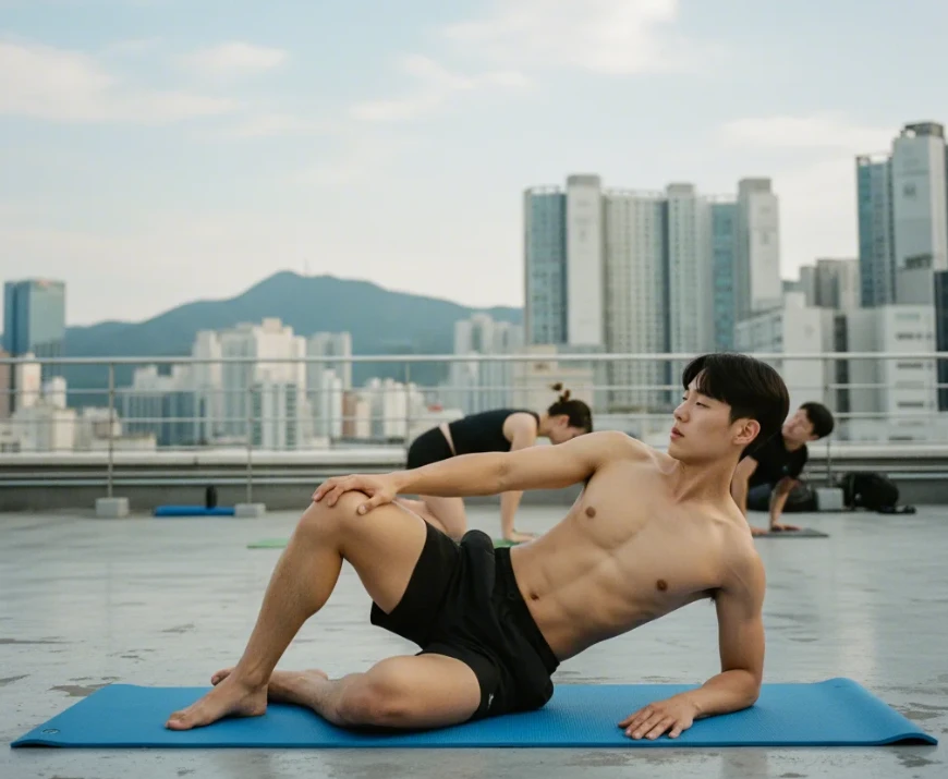 매트 위에서 클램 쉘 운동을 하고 있는 20대 한국 남성