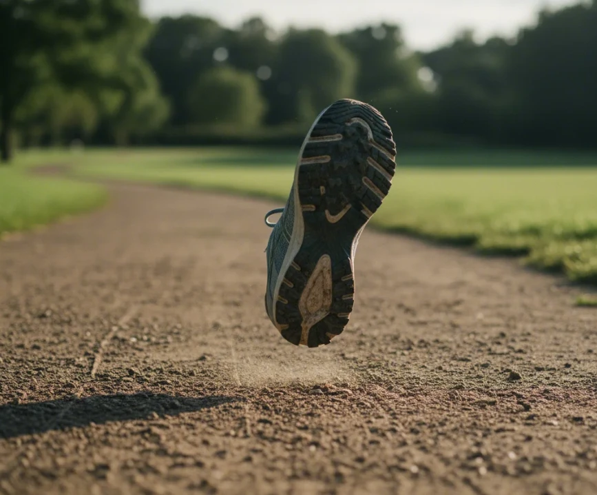 러닝화의 발이 땅에서 살짝 떠 있는 순간을 포착한 클로즈업 사진