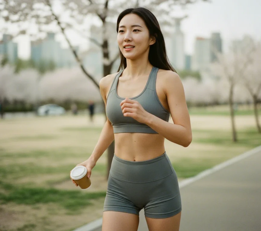 커피를 마신 후 활기차게 달리기 시작하는 20대 초반의 날씬한 한국 여성