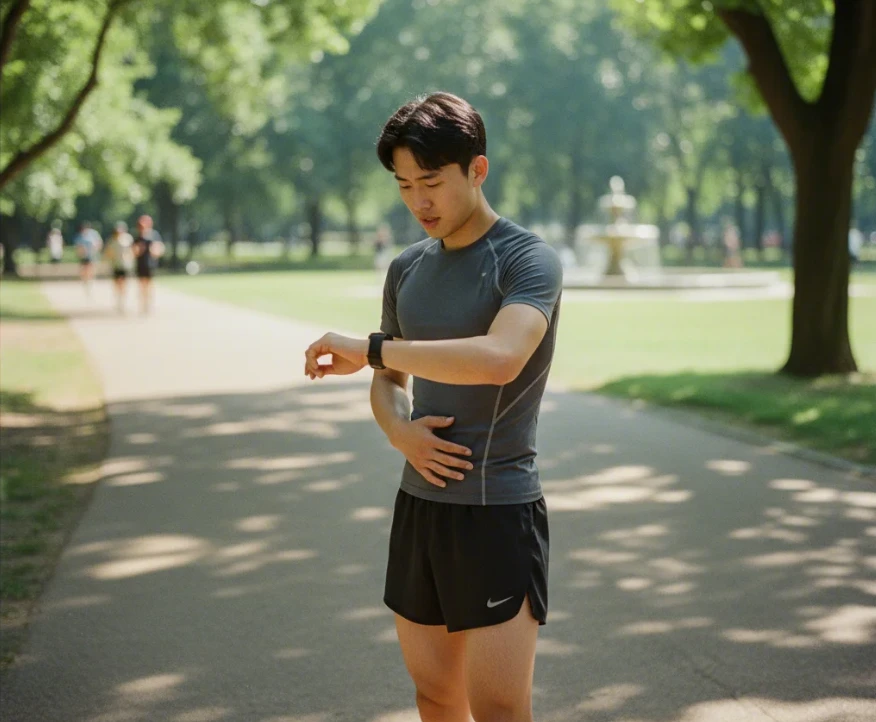 러닝 직전 시계를 보며 복부를 잡고 있는 20대 한국 남성