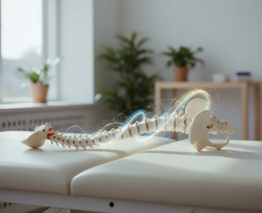 척추 모형과 그 주변에 그려진 코어 근육의 에너지 흐름