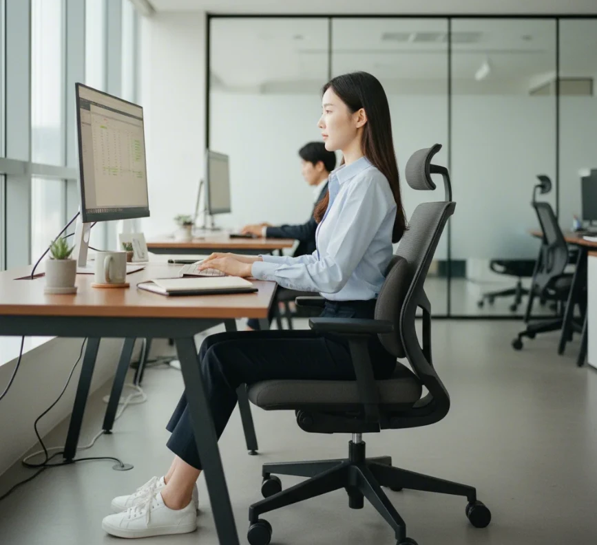 의자에 앉아 허리 쿠션을 사용하며 바른 자세를 유지하는 20대 한국 여성