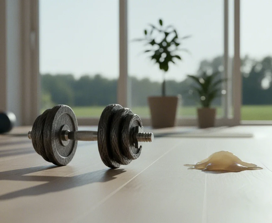 덤벨과 같은 운동 도구가 놓여있는 책상 위, 근육량의 중요성을 상징하는 비교 대상이 함께 있는 모습