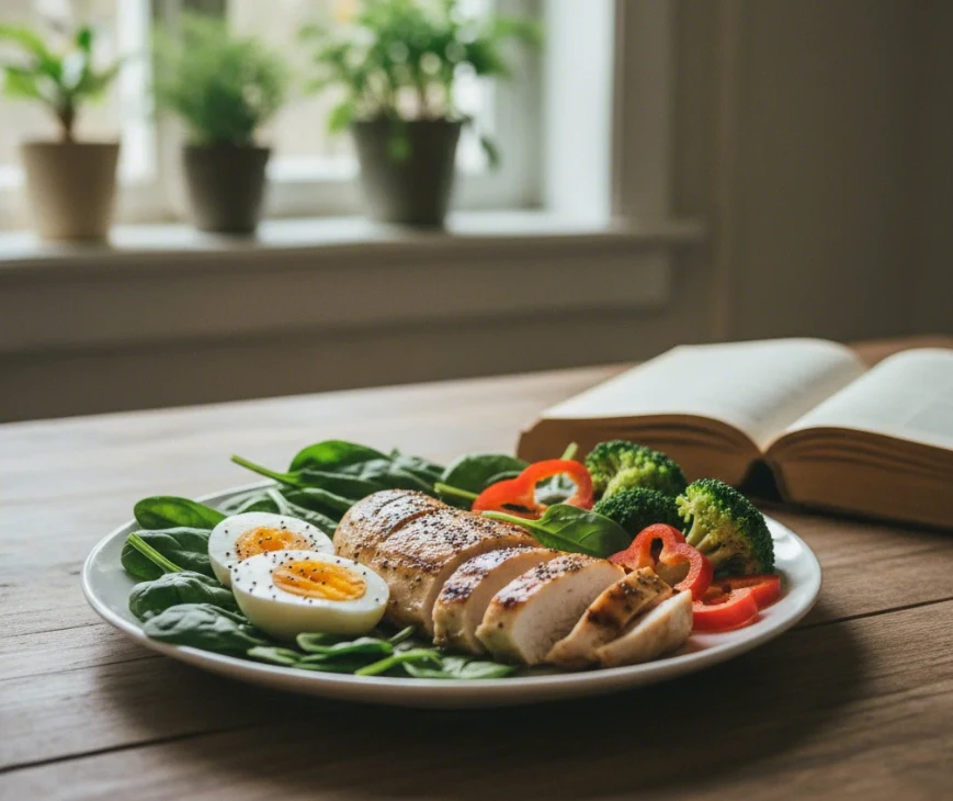 닭가슴살, 생선, 달걀 흰자 등의 양질의 단백질이 포함된 건강한 식단이 깔끔하게 차려진 모습