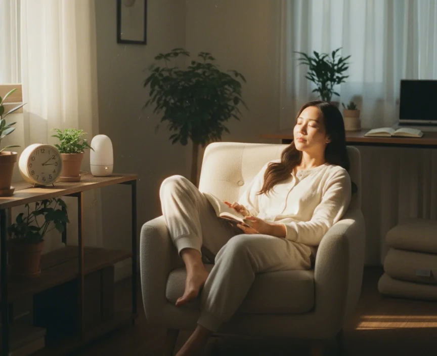 편안한 잠옷을 입고 침대나 소파에서 명상이나 휴식을 취하는 한국 여성의 모습