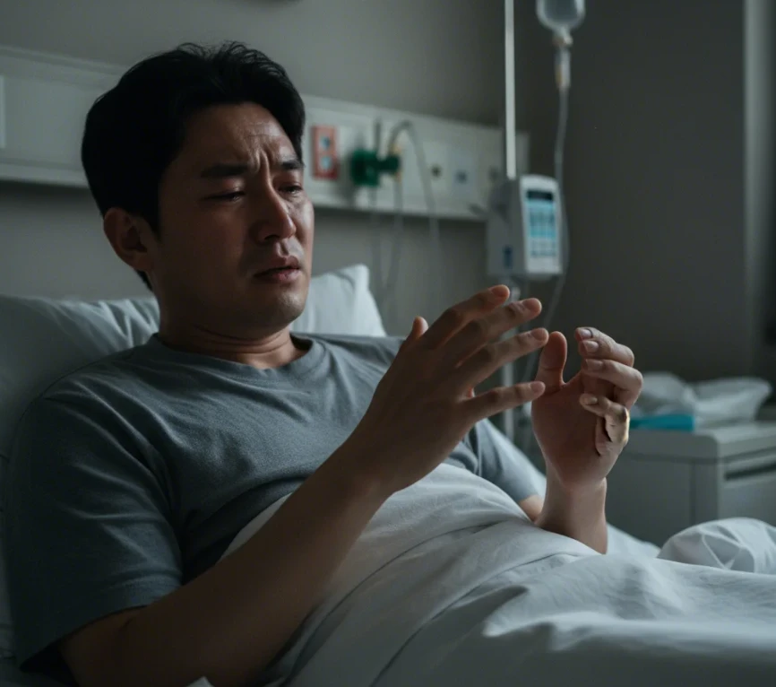 마비된 손을 바라보며 좌절하는 한국 남성 환자의 모습