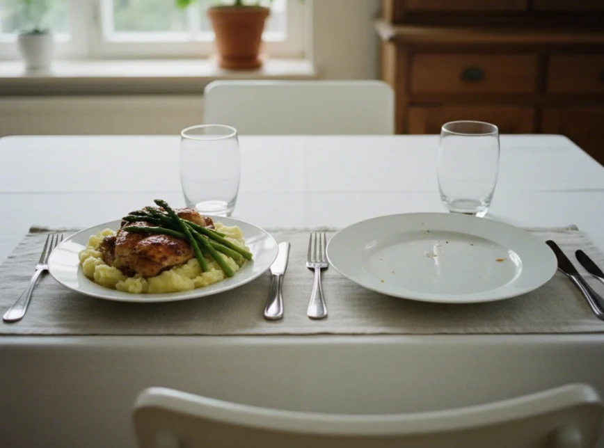 왼쪽 접시에 담긴 음식을 인식하지 못하고 오른쪽 접시만 비운 식탁 모습