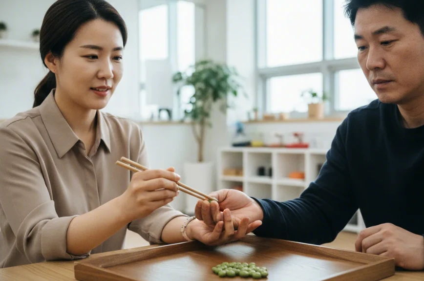 마비된 왼손으로 젓가락을 사용하도록 훈련시키는 한국 여성 보호자의 모습