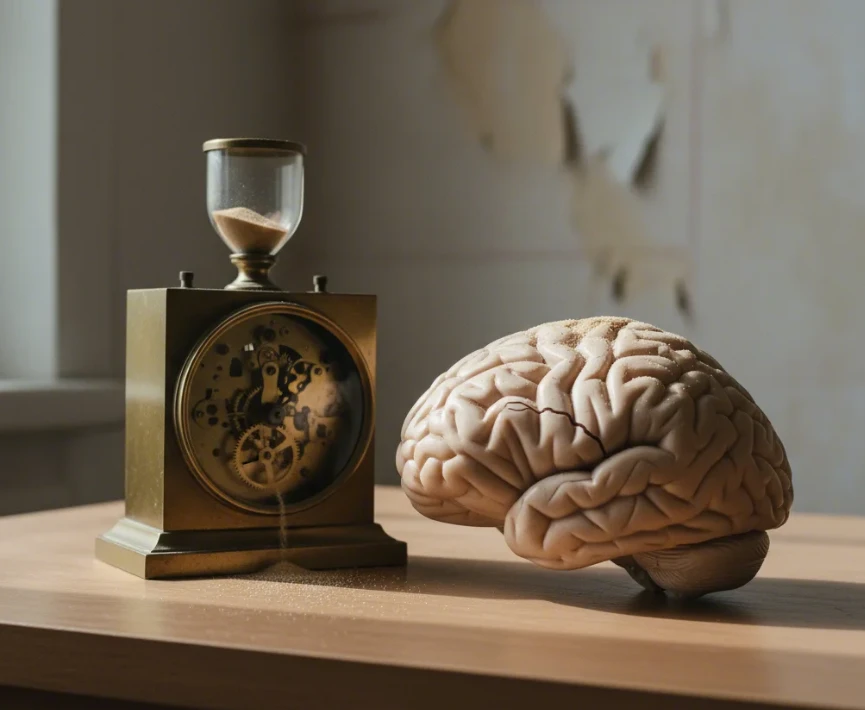 뇌 기능 감퇴를 상징하는 시계와 뇌 모형