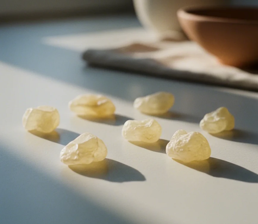 보석처럼 빛나는 매스틱 검 수액 방울들