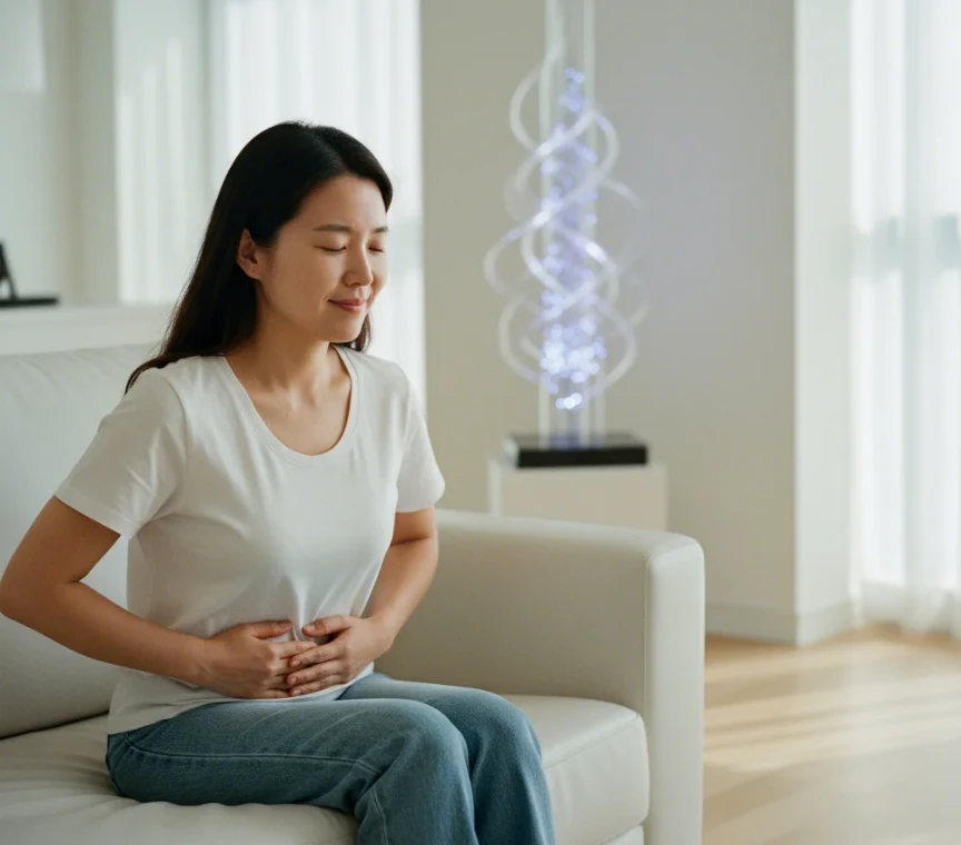 편안한 표정의 한국 여성과 위 건강 상징