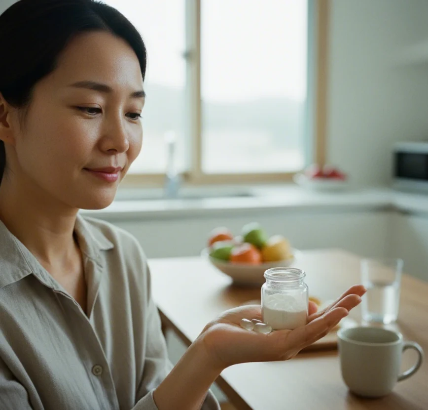 매스틱 제품을 들고 있는 한국 여성의 모습