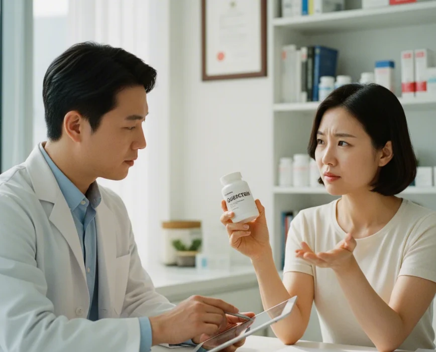 퀘르세틴 복용 전 전문가와 상담하는 한국 여성