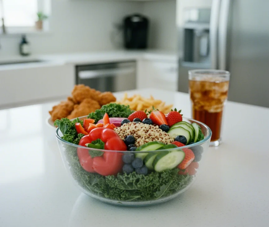 간에 부담을 주는 음식과 건강한 식단의 대비