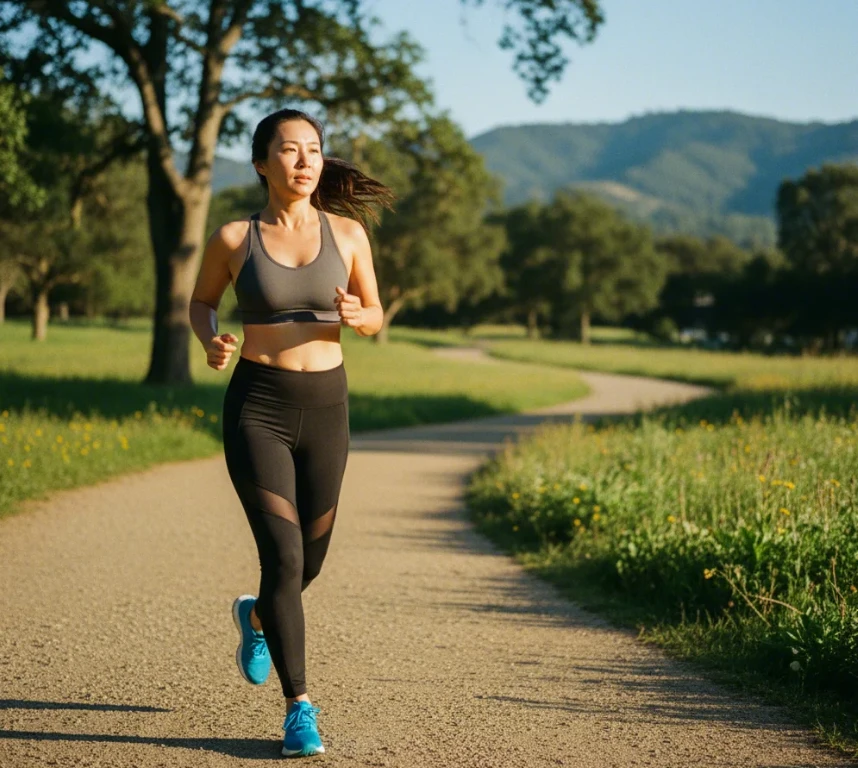 햇볕 아래서 운동복을 입고 걷는 40대 한국 여성