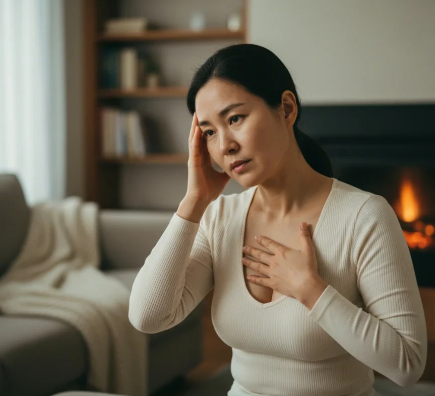 두통이나 유방 통증을 느끼며 불편해하는 50대 한국 여성