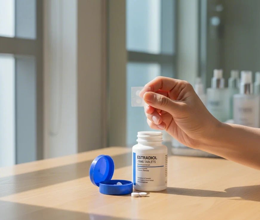 경구용 호르몬제 알약과 경피용 호르몬 패치가 대비되어 놓인 모습